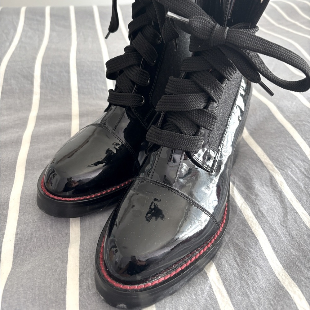 It’s winter!!! Malo Black Patent Leather Combat Boots with Red Trim. Size 39